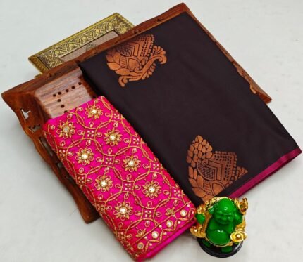 Trending fancy soft silk saree with grand designer aari work blouse combo