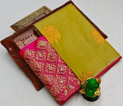 Trending fancy soft silk saree with grand designer aari work blouse combo