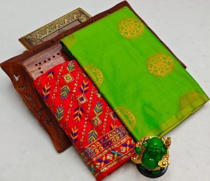 Trending fancy soft silk saree with grand designer aari work blouse combo