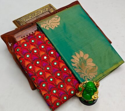 Trending fancy soft silk saree with grand designer aari work blouse combo